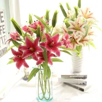 Nova flor lírios artificiais buquê 3 cabeças de casamento floral home decor flor real toque de casamento buquê de flores