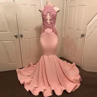 Abiye Peach-Pink Mermaid Prom Jurken Halter Hals Mouwloze Robe de Soiree Party Jurk Kant Applicaties Lange Prom Dress 2018 Formele Jurk