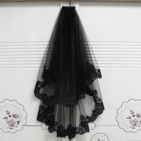 2018 unique nouveauté magnifique côté dentelle noire en soie double couche voile de mariage voile de mariée halloween sorcière bandeau tulle voile cato