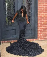 African Black Girls Long Train Pageant Prom Gowns Elegent Scalloped Queen Anne Neck Black 3D Rosette Mermaid Prom Dresses