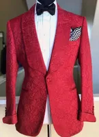 Senaste Design Red Paisley Män Passar för Bröllop Sjal Lapel Handsome Groom Tuxedos Slin Fit BrideGrom Blazers 2 Piece (Jacka + Byxor + Tie) 31