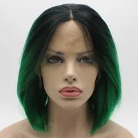Iwona cabelo reta raiz escura verde verde ombre peruca 1 # 1 / 3400m metade mão amarrada resistente ao calor perucas dianteiras de renda sintética