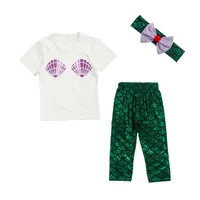 Baby Girl Shell Tops camiseta + Pantalones de sirena Leggings + arco diadema 3 UNIDS Trajes Set niños sirena conjunto de ropa