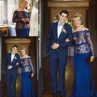 2018 Elegant Royal Blue Long Sleeves Mutter der Braut Kleider Lace Satin Bateau Stock Länge formale Kleider Wedding Guest Dress Custom