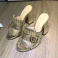 Ny ankomst frans tassel gladiator sandaler kvinna öppen tå chunky högklackade skor kvinnor märke design muller skor storlek35-40