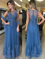 Robes de soirée bleues avec Wraps Sheer Back Lace Appliques Une ligne de haute qualité Tulle Sequins Elegant Evening Robes de soirée Formal Women Dress