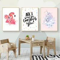 Kawaii Flamingo Unicorn Nursery Canvas Poster Canvastryck Väggkonst Målning Vägg Bilder för barn Vardagsrum Heminredning