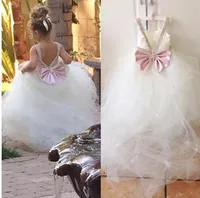 Princess Flowergirl Dresses Lovely Ball Gown Flower Girls Wedding Party Gowns Soft Tulle Crystals Bow V Back Custom Made Fairy Sweep Train