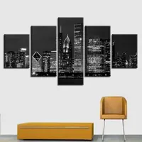 HD 인쇄 흑백 캔버스 그림 모듈 형 포스터 5 조각 뉴욕시 빌딩 밤 장면 그림 거실 장식 벽 예술