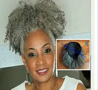 本物の髪の灰色の髪の織りポニーテール4b 4c Afro Kinky Cully Clip in黒人女性120gのための灰色の人間の描画ポニーテールの髪の延長