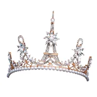 Venta caliente Europea Tocados nupciales Tiara Crown Jewel Torre inclinada Crown Pearl Hair Jewelry Accesorios de la boda