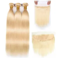 9a Brasilianska Virgin Hair # 613 Blond 3 Bundlar med Front Closure Top Lace Frontal och buntar 613 Blond Human Hair Buntar med stängning