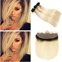 Två ton 1b 613 Ombre Brasilianska Straight Virgin Hair Bundlar med spets Frontal Dark Roots Blondin Human Hair Weaves With Lace Closure