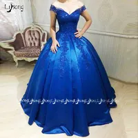 Royal Blue Evening Ball Suknie Aplikacje Vintage Prom Party Dress Puffy Princess Quinceanera Graduation Lady Party Wear Maxi Gown Vestidos