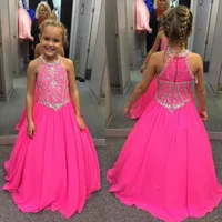 2022 Nya Fuchsia Little Girls Pageant Dresses Pärled Crystals A Line Halter Neck Kids Toddler Flower Prom Party Downs For Weddings BA7601