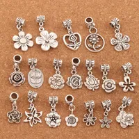 190pcs/lot Flowers Dangle Alloy Big Hole Loose Beads Tibetan Silver Fit European Charm Bracelet Jewelry BM55 LZsilver
