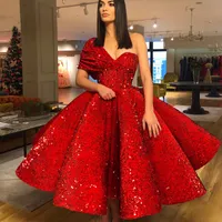 Mousseux une épaule robe de bal de luxe rouge à paillettes à paillettes courtes célébrités robe de fête de la cheville sexy longueur de la cheville de la cheville formelle robe de soirée robes de soirée