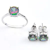 LuckyShine Holiday Jewelry Gift Classic Rainbow Mystic Topaz Gems 925 Sterling Zilveren Ring Stud Oorbellen Dames Sieraden Set Gratis shippings