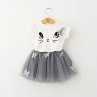 T-shirt do teste padrão crianças meninas Cat Top borboleta saia tutu vestido de verão Outfit Roupas Set Balanço do bebê Vestidos Princesa Tulle Vestido