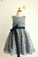 New silver lace flowergirl dresses for kids heart cut navy blue sash girls graduation party dress 3D rosette dress for girls 10 12