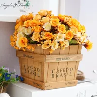 Retro Wood Vase With Silk Flower Cute Artifical Rose Home Office Table Decoration Grass Plant Flowerpot Storage Box 1 Set