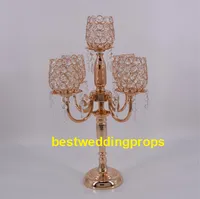 Elegante alto Casamentos Atacado Antigo candelabro de cristal de Ouro de Metal 5 braços Candelabros Centrais de mesa de casamento decoation best0279
