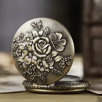 Oude zakhorloge Fob Chain Flower Rose Graveren Klok Mens Flip Bronze Case Horloge Vintage Mannelijke Horloges voor Mannen Dames Geschenken