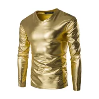 Nova Tendência Metálica Dourado T Camisa Homens Clube de Noite Moda Mens Slim Fit V Neck Manga Longa Tshirt T-shirts Homme