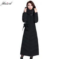 Extra long winter women jacket coats 2017 hooded thick down feather cotton parkas Belt slim warm winter jackets outerwear yz410