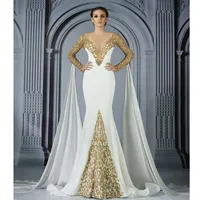 Arabiska guld Beaded Mermaid Dresses Evening Wear Deep V nacke Sequined Prom Lugnar Vestidos de Fiesta Sweep Train Långärmad Formell klänning