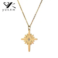 YUKAM Jewelry Creative Gold Sun North Star Pendant Necklaces for Women Stainless Steel Crystal Rhinestone Cross Choker Necklaces