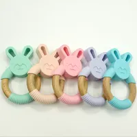 Conejito de silicona y madera Toither Ring Natural Orgánico de la haya de haya Anillo de la dentición suave Bunny Rabbit Chew Toys Baby Infant Gifts