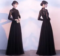 Högkvalitativ ny svart långärmad kvällsklänningar handgjord dekal pärla långa vinterboll klänningar plus storlek prom klänningar