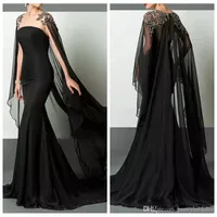 Sheer Black Arabic Slim Formal Evening Dresses Elie Saab Beaded Chiffong med Cape Prom Party Gown Pageant Celebrity Dress Runway Custom