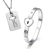 2pcs ensemble nouvel acier inoxydable argent amour coeur serrure bracelet bracelet correspondant clé tag pendentif collier couple ensemble