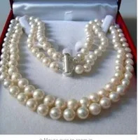 Livraison gratuite @@ Free shopping! 2 rangées 7-8MM BLANC AKOYA COLLIER DE PERLE EN EAU DE MER 17-18 "perles fabrication de bijoux Pierre Naturelle