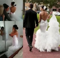 Sexy vestidos de boda de sirena sin espaguetis de espaguetis de espagueti de espalda arco en escala de tul tul, tren, estilo de país, vestidos de novia, vestidos