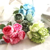 LIN MAN Hight qualidade cetim 6 cabeças Bouquet Artificial Rose Flores Vivid Peony Falso Wedding Flower Decoração Partido Home