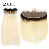 9a Ombre 1B / 613 Bleach Blondynki Koronkowe Zamknięcia z 3 Wiązkami Brazylijski Proste Dziewicze Human Włosy Splot Peruwiański Malezyjski Rosyjski Remy Hair