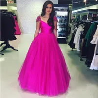 Fuchsia Hot Pink Tule Puffy Long Prom Dresses 2019 V Neck Beaded Cap Sleeves Avondjurken Goedkope Speciale Gelegenheid Feestjurken