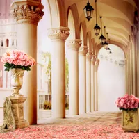 Palace Gallery Wedding Backdrop for Photography Studio Printed Stone Pillars Pink Rose Petals Carpet Romantic Party Photo Booth Background