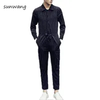 2018 Brand New Designer Korean Fashion Overalls Men Casual Pants Trousers Mens Jumpsuit Black And White Striped Dress Pants