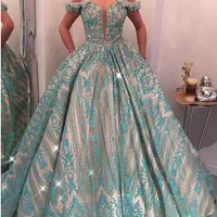 Encaje turquesa vestidos de baile del hombro 2018 vestido de bola flores hechas a mano con bolsillo Bling Bling piso longitud vestidos de noche árabe