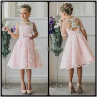 Fancy Pink Flower Girl Dress with Appliques Half Sleeves Knee Length A-Line Gown with Ribbon Bows For Christmas 0-12 Years Old
