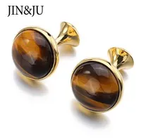 JIN&JU Beautiful Natural Eye Of Tiger Stone & Gold Mesh Wraparound Cuff Links Fashion Men&#039;s French Shirt Cuffs Cufflinks For Man