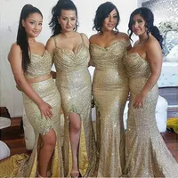 2021 Bling Bling Sequin несоответствуют длинные свадебные гостевые платья подружки невесты Милая золотые блестки сексуальные боковые сплит