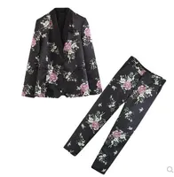유럽 ​​패션 새로운 디자인 휴가 스타일의 여성의 긴 소매 플라워 프린트 새틴 패브릭 재킷 정장과 긴 바지 캐주얼 정장 twinset