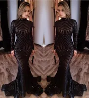 Bling Bling Black Sequined Prom Dresses Evening Wear High Neck Mermaid Sexy Long Sleeve Floor Length Celebrity Pageant Gowns