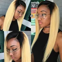 Brasiliansk Rak Ombre Blond Top Closure With Bundles 1b / 613 Dark Root Virgin Hair Weave 3 Bundlar med 4x4 Lace Stäng hårförlängning