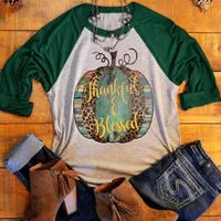 Hirigin 2017 Halloween Mujeres Gracias Calabaza Impreso Casual Camiseta Empalme O-cuello Top Top TEE LARGA RAGLAN STAREVE T Shirt